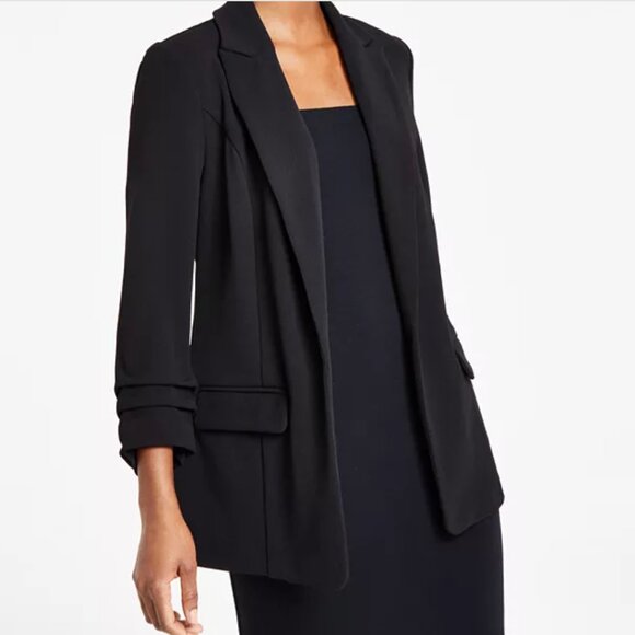 NWT, Bar III, Blazer Notch-Lapel Ruched-Sleeve Open-Front Blazer, Xs, Black - Picture 1 of 2